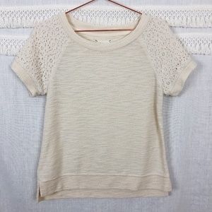 Lou & Grey | Cream Hint of Lace Short Sleeve Sweatshirt | Size Small